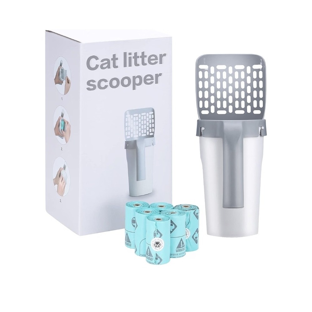 Cat Litter Scoop with Attached Waste Caddy 2-in-1 Detachable Sifter and bags new